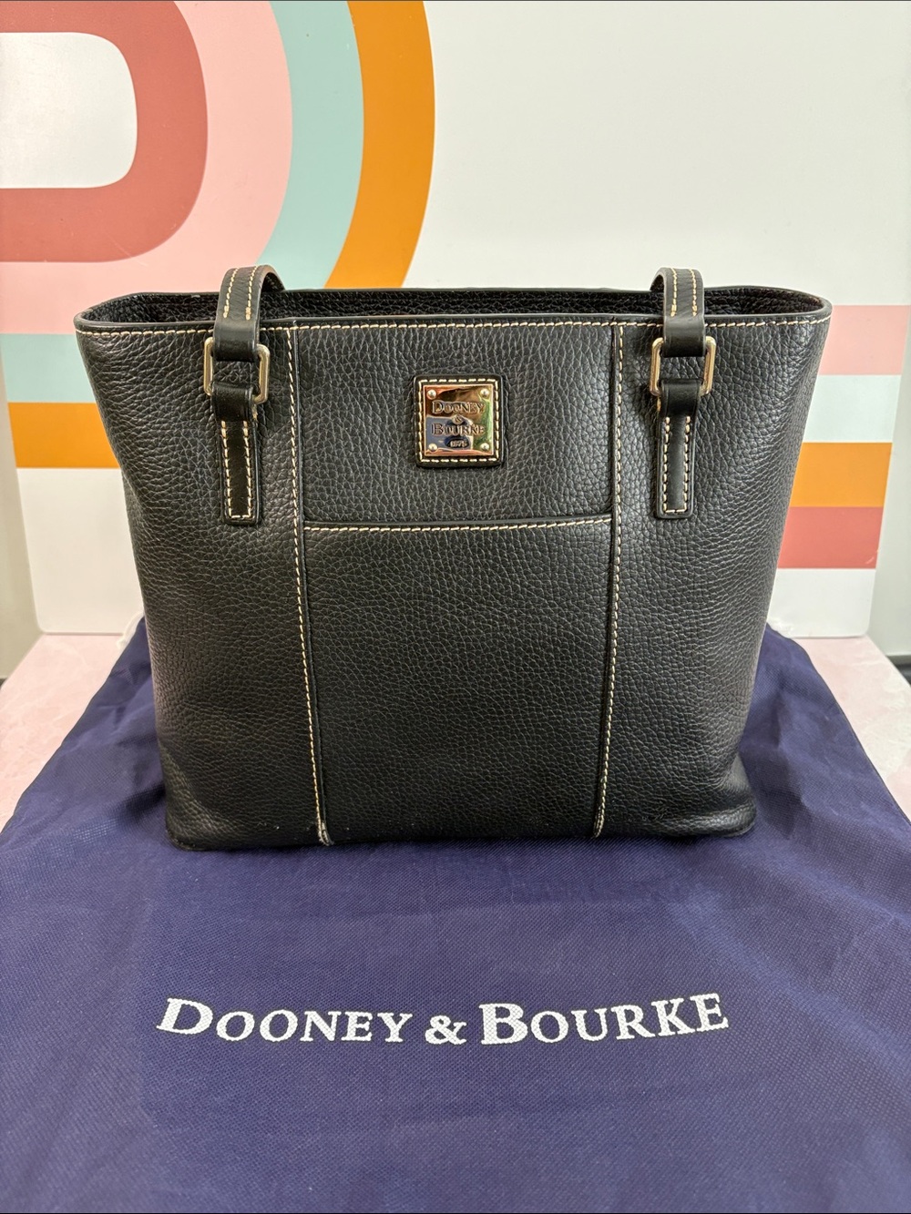 Dooney & Bourke Black Pebbled Leather Shoulder Tote with Contrast Stitching